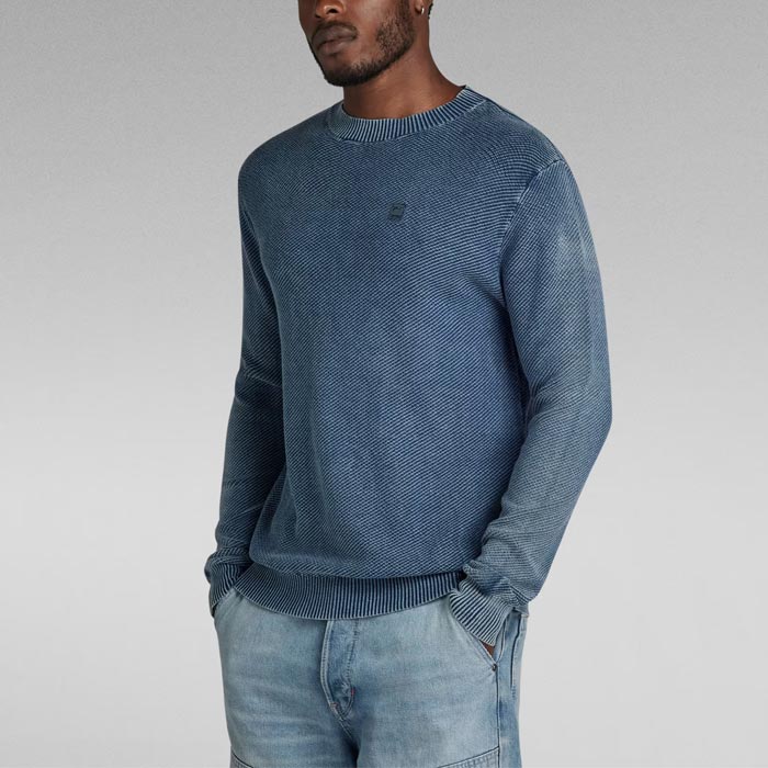 ジースターロウ D24461-D559-A587 Indigo Moss Knitted Sweater ブルー メンズ ニット セーター ジースター レギュラーフィット サマーニット リブ編み