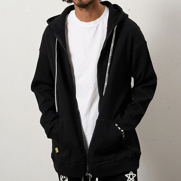 STUD MUFFIN(スタッドマフィン) 614-02863 ヘビーウエイトコットンワッフル ペイズリーサガラジップパーカー ブラック