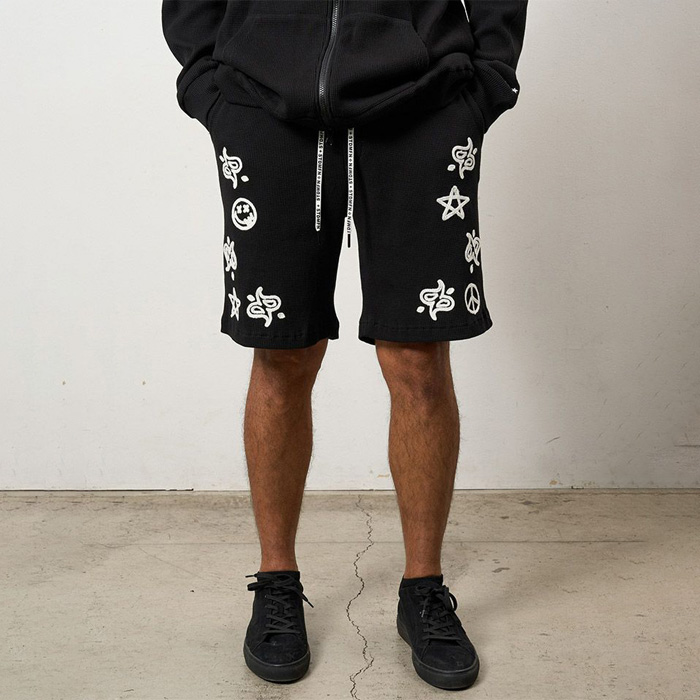 STUD MUFFIN(スタッドマフィン) 614-06288 ヘビーウエイトコットンワッフル ペイズリーサガラショートパンツ ブラック