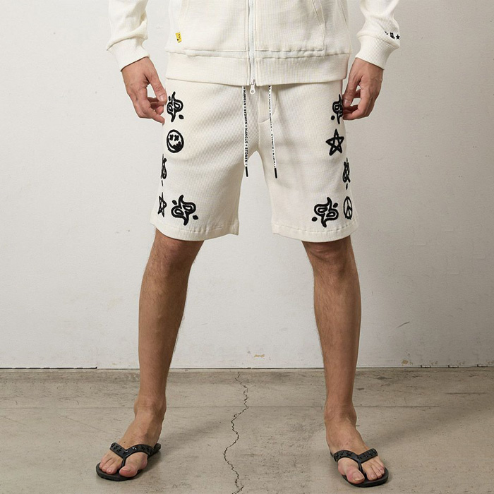 STUD MUFFIN(スタッドマフィン) 614-06288 ヘビーウエイトコットンワッフル ペイズリーサガラショートパンツ ホワイト
