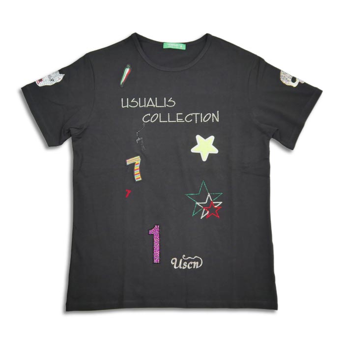 ウザリス UC41-N157 USCN S/S T-SHIRT ブラック メンズ 半袖 プリント Tシャツ カットソー ラインストーン スカル ナンバリング スワロフスキー ストレッチ イタリア製