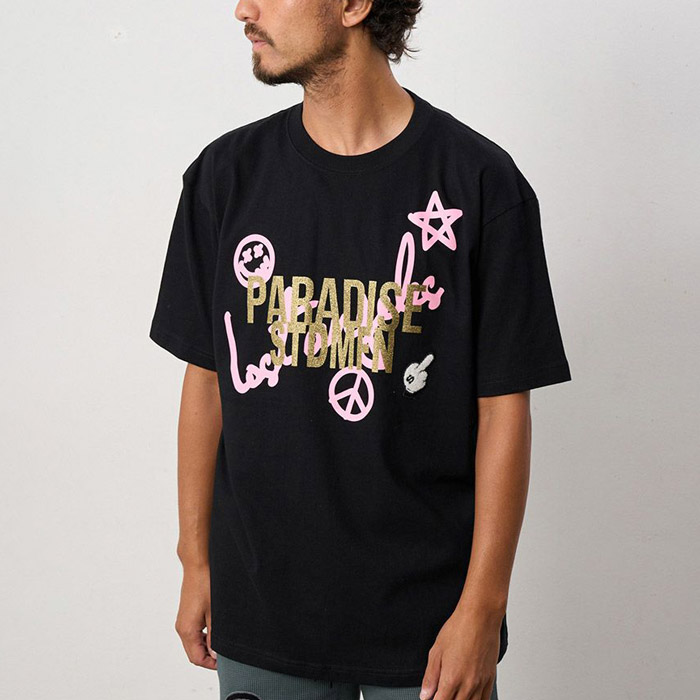 スタッドマフィン 414-02680 5.6ozコットン天竺 PARADISEグリッター＆サガラパッチTシャツ BLK