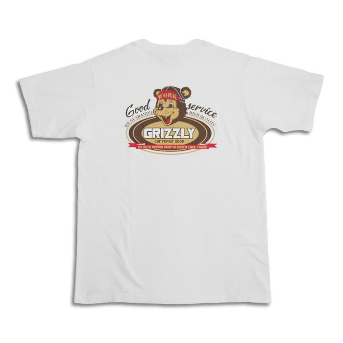 フェローズ 24S-PT11 GRIZZLY car repair shop メンズ プリント Tシャツ ホワイト 半袖 バックプリント 車整備会社 スタッフTee