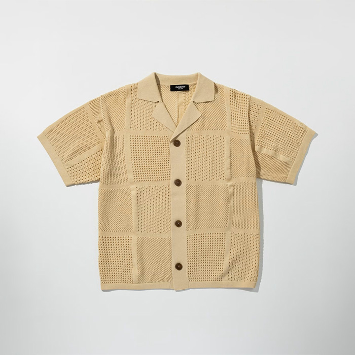 1PIU1UGUALE3 RELAX(ウノピゥウノウグァーレトレ リラックス) ブロックメッシュニットオープンカラーシャツ USK-26001 ベージュ