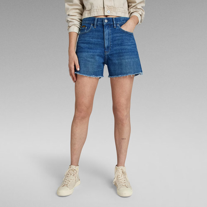 ジースターロウ レディース D24382-D434-G675 High Denim Shorts Raw Edge worn in celestial night レギュラーフィット ハイウエスト 太もも丈デニムショートパンツ ジーンズ ブルー