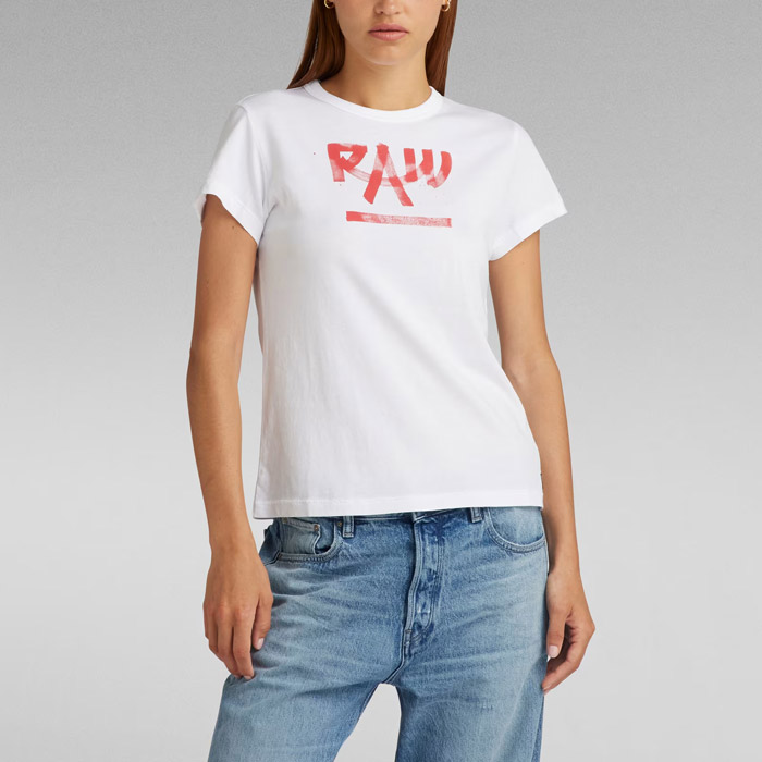 ジースターロウ レディース D24498-D511-110 Calligraphy Graphic Top white ストレートフィット 半袖トップス Tシャツ ホワイト