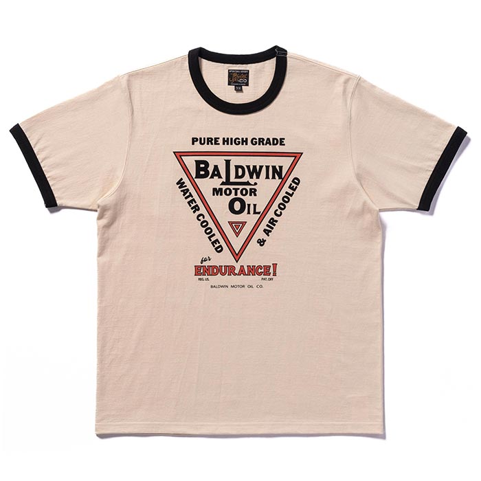 ジョーマッコイ MC24022 JOE MCCOY TEE / BALDWIN MOTOR OIL エクリュ×ブラック メンズ 半袖 プリント Tシャツ バインダーネック リンガーTシャツ バックプリント