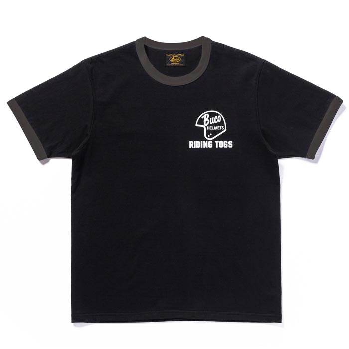 ブコ BUCO TEE / RIDING TOGS ブラック チャコール メンズ 半袖 バイカー プリント リンガー Tシャツ バックプリント