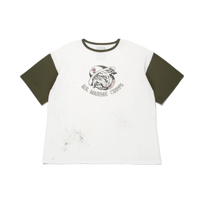 バウワウ BW251-BRSCA USMC BULLDOG RIBBED SS CS AGING WHITE × OLIVE AGING メンズ 半袖 プリント Tシャツ ラグラン