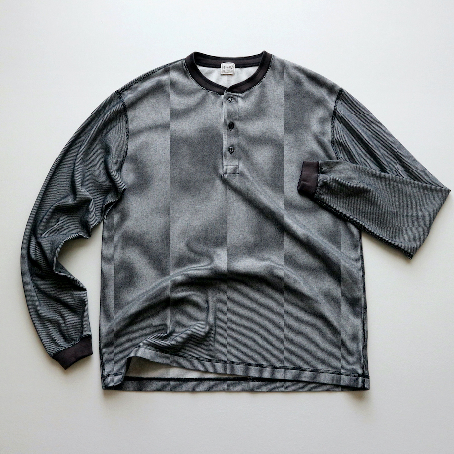 ループアンドウェフト LRH1035 DOUBLE FACE VINTAGE PINSTRIPE RIB KNIT L/S HENLEY ロングスリーブ ヘンリーネックTシャツ NIGHT BLACK メンズ