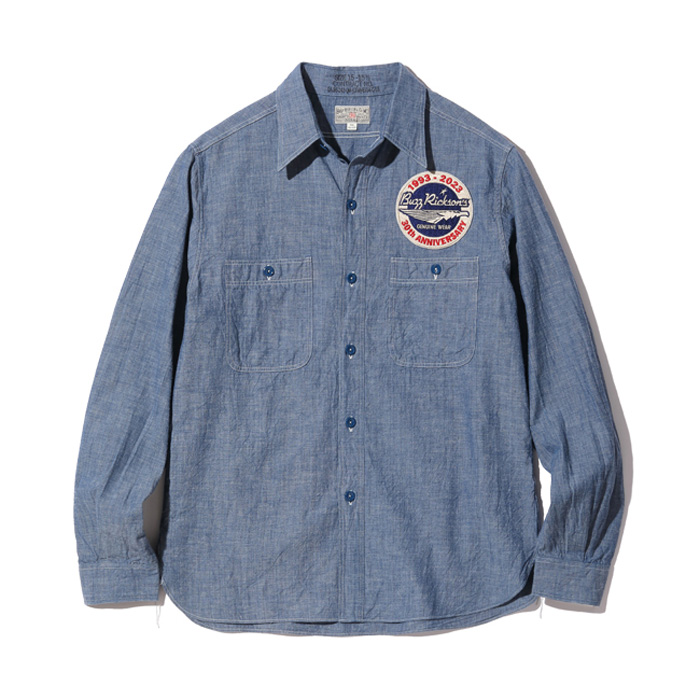 バズリクソンズ Lot No. BR29184 / BLUE CHAMBRAY WORK SHIRTS “BUZZ RICKSON'S 30th ANNIVERSARY MODEL WITH EMBROIDERED” BLUE シャンブレーシャツ ブルー メンズ