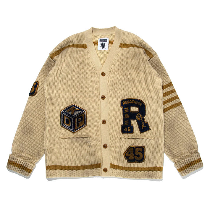 バウワウ BW221-RFJFC RECOGNIZE LETTERED CARDIGAN：BEIGE STAIN