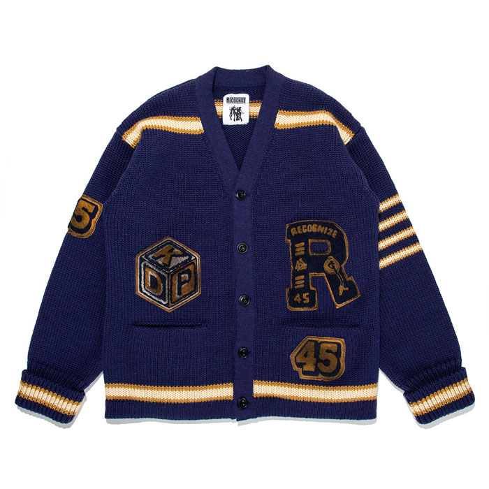 バウワウ BW221-RFJFC RECOGNIZE LETTERED CARDIGAN：BLUE STAIN