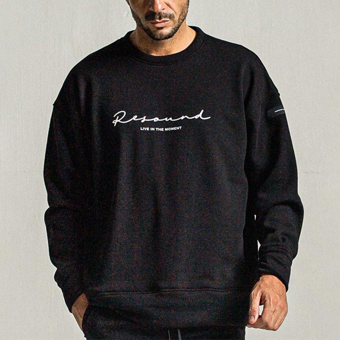 34th Collection リサウンドクロージング  RC34-C-005 handwriting rogo velours fleece drop trainer BLACK 手書き ロゴ 裏起毛 ルーズトレーナー