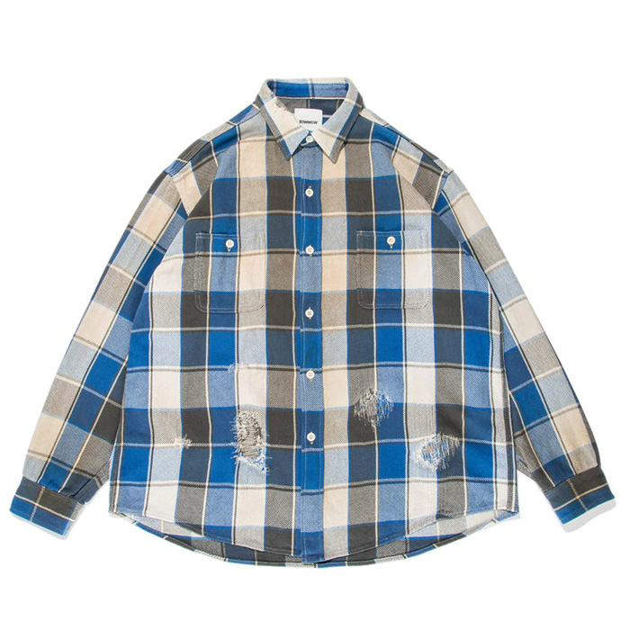 バウワウ BW2302-RAFS REPAIR AGEING FLANNEL SHIRTS BLUE DAMAGE AGEING ヴィンテージネルシャツ ブルー メンズ