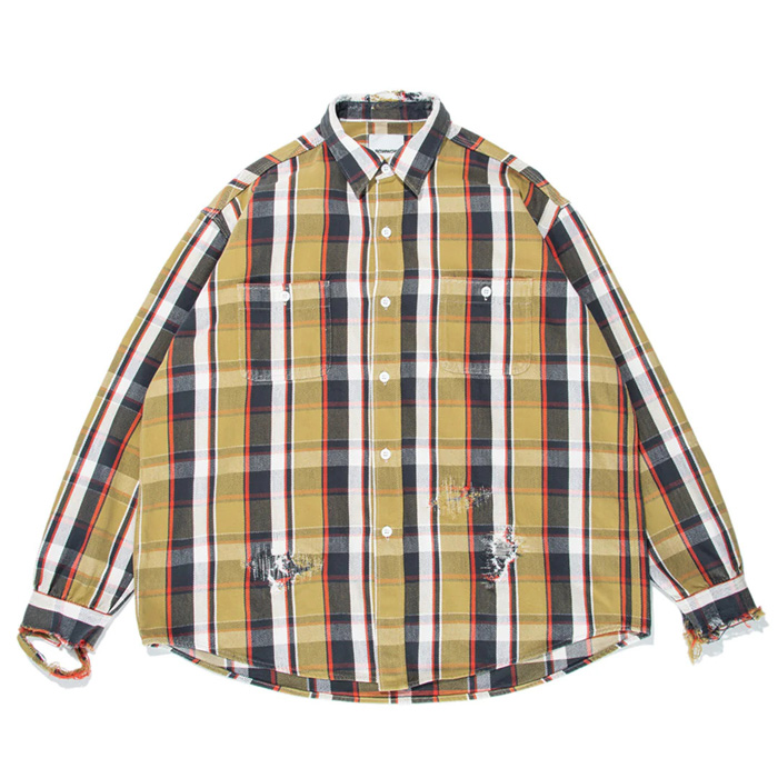 BOWWOW BW2302-RAFS REAPAIR AGEING FLANNEL SHIRTS BEIGE DAMAGE ヴィンテージネルシャツ ベージュ メンズ